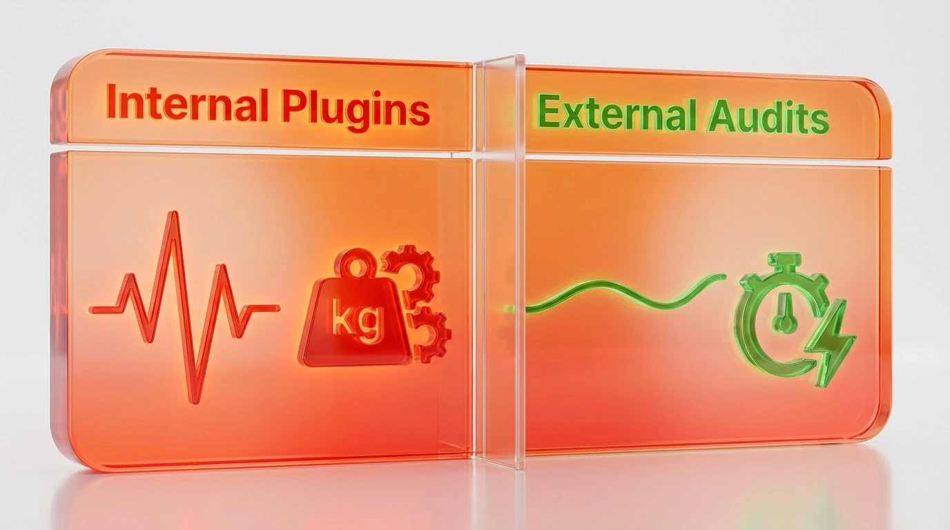 Comparison between high server load from plugins versus optimized external SEO auditing.