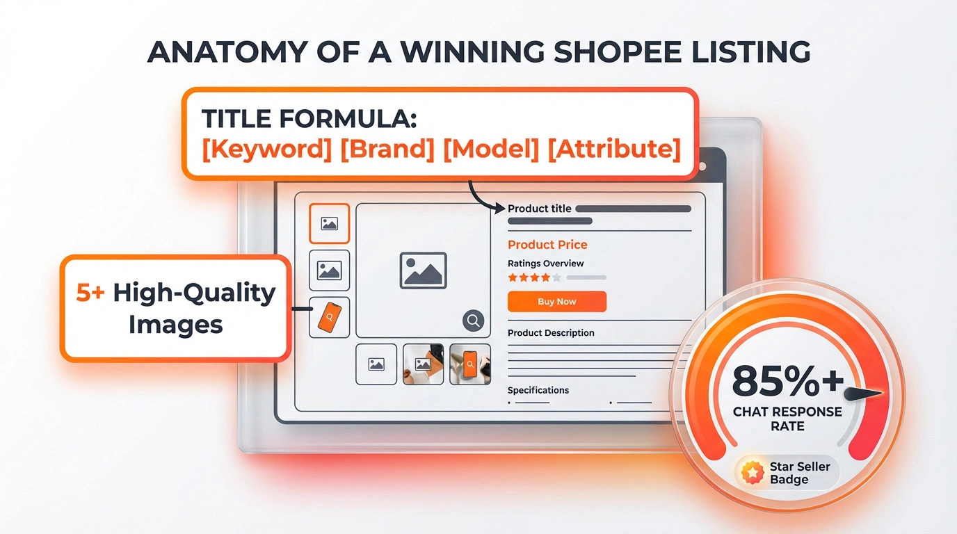 Infographic detailing the key SEO elements of a Shopee product listing, including title structure, image quantity, and chat response rate requirements.