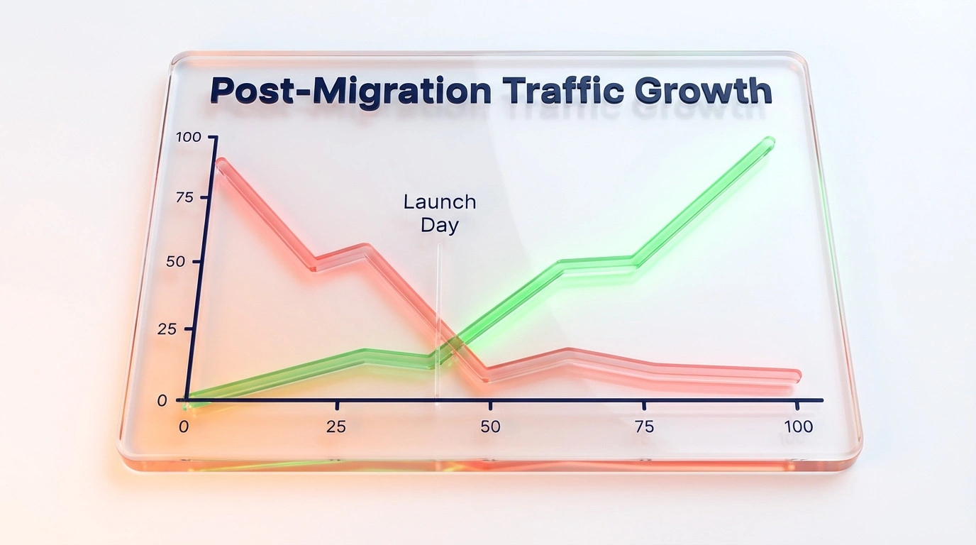 Line graph illustrating organic traffic growth after a successful website migration compared to a traffic drop