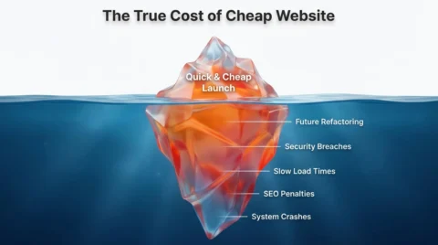 Illustration comparing the small visible cost of a cheap website launch against the massive hidden costs of bugs and repairs below the surface.