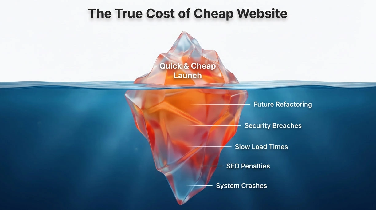 Illustration comparing the small visible cost of a cheap website launch against the massive hidden costs of bugs and repairs below the surface.