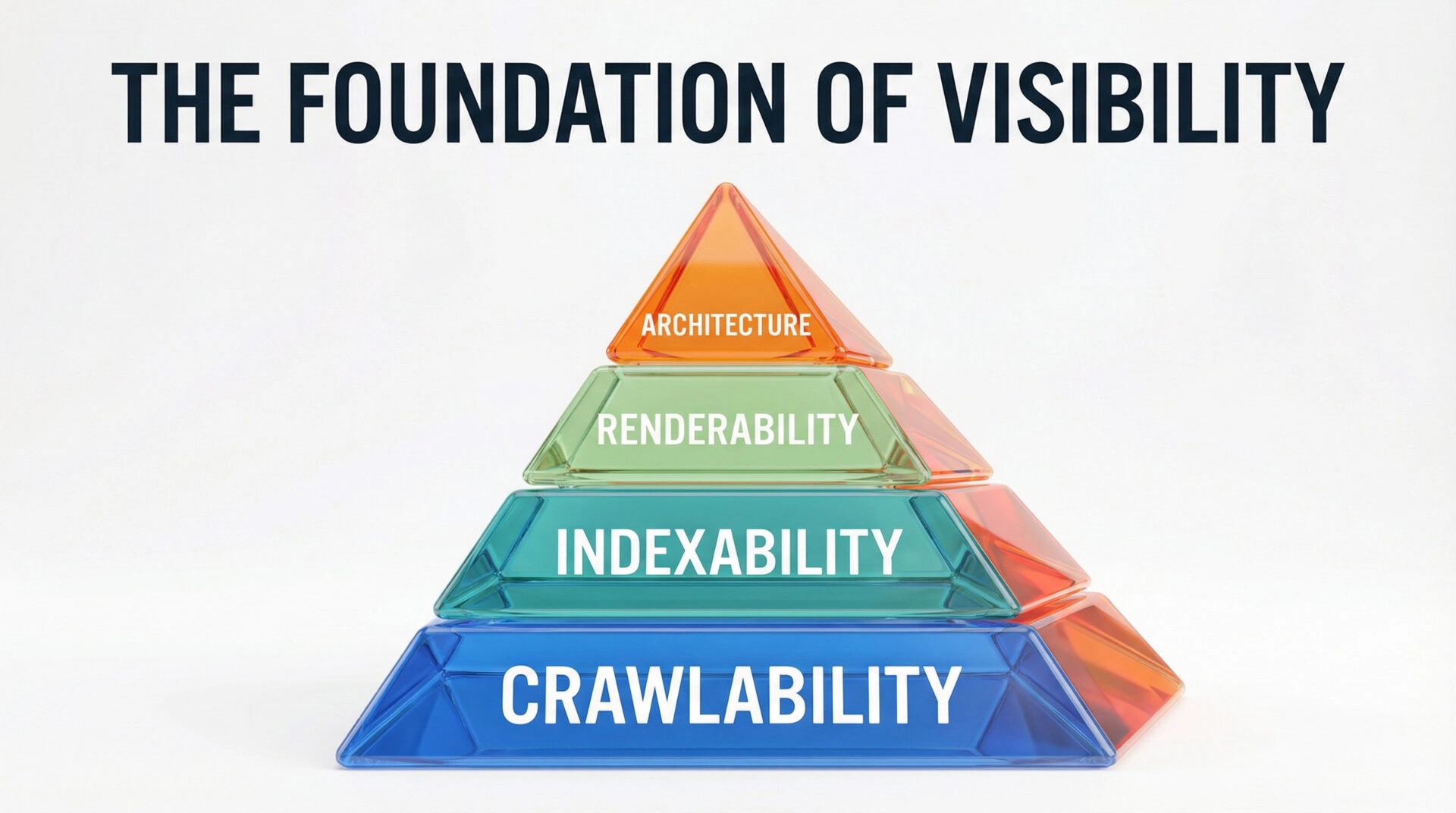 A 3D pyramid diagram showing the hierarchy of technical SEO needs with crawlability at the base.
