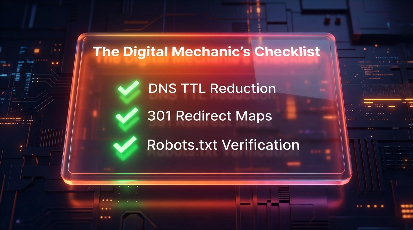Digital dashboard showing a technical SEO checklist for a website migration launch