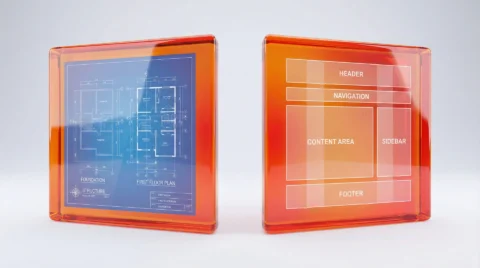 A comparison between a physical building blueprint and a digital website architecture wireframe.