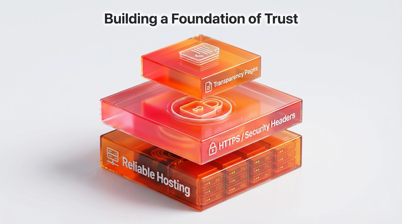 Layered diagram showing the technical foundation of website trust including hosting, SSL, and policy pages