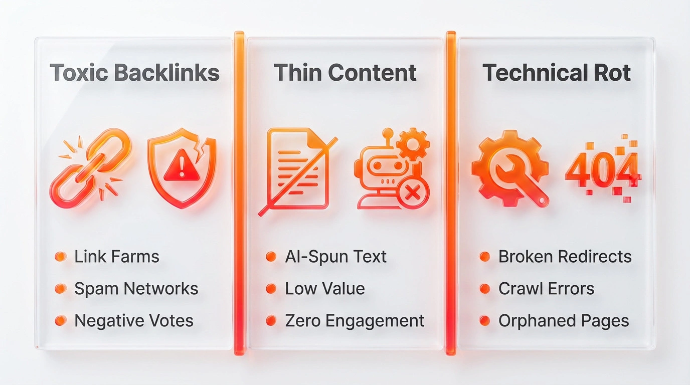 Infographic showing three pillars of SEO damage: Toxic Backlinks, Thin Content, and Technical Rot with icons for each.