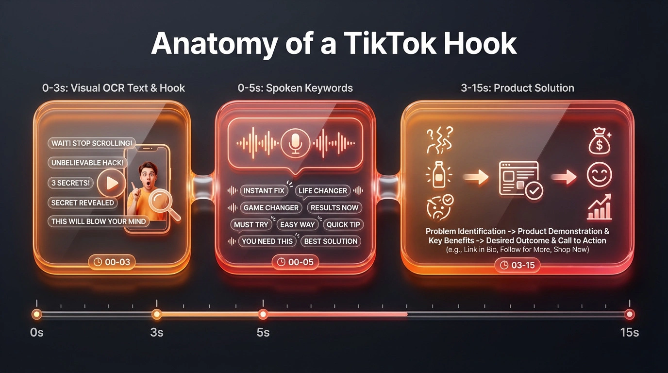 Timeline diagram breaking down the optimization layers of a TikTok Shop video hook.