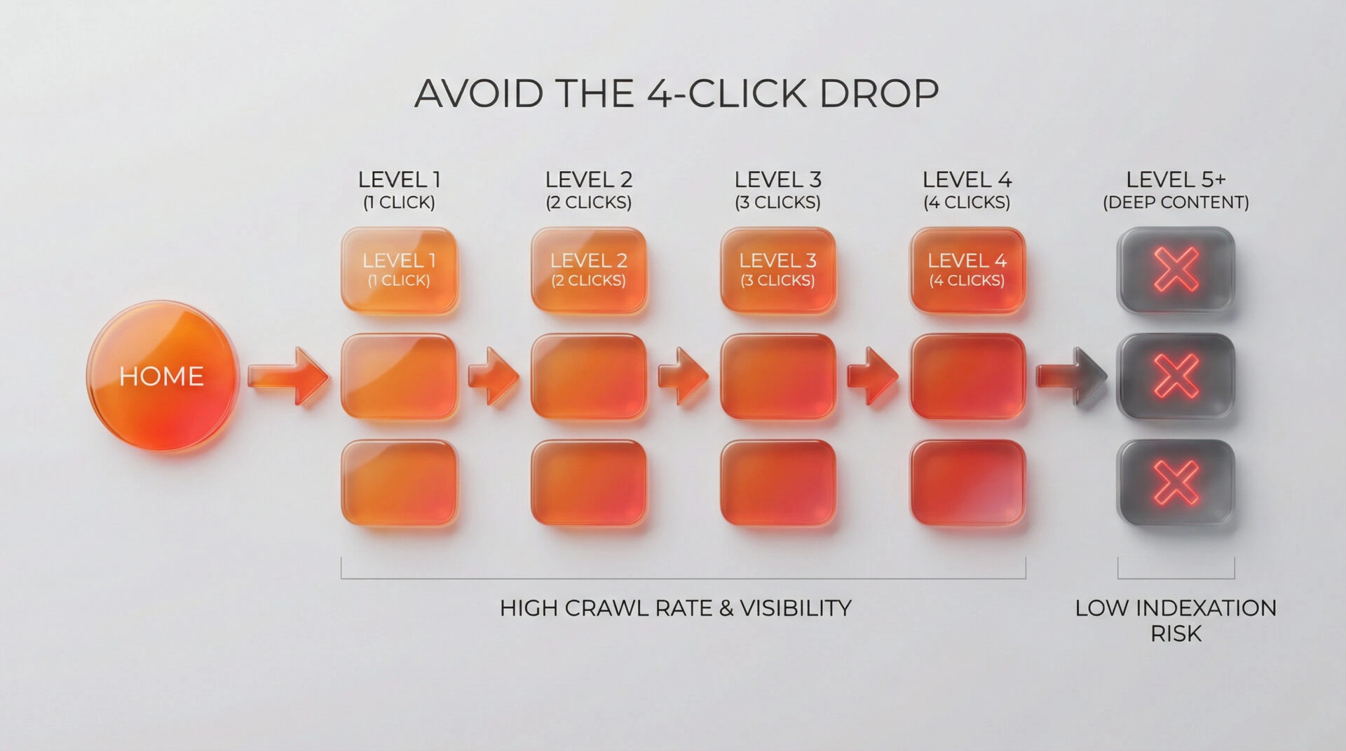 Infographic showing website depth and how crawlability drops significantly after four clicks from the homepage.
