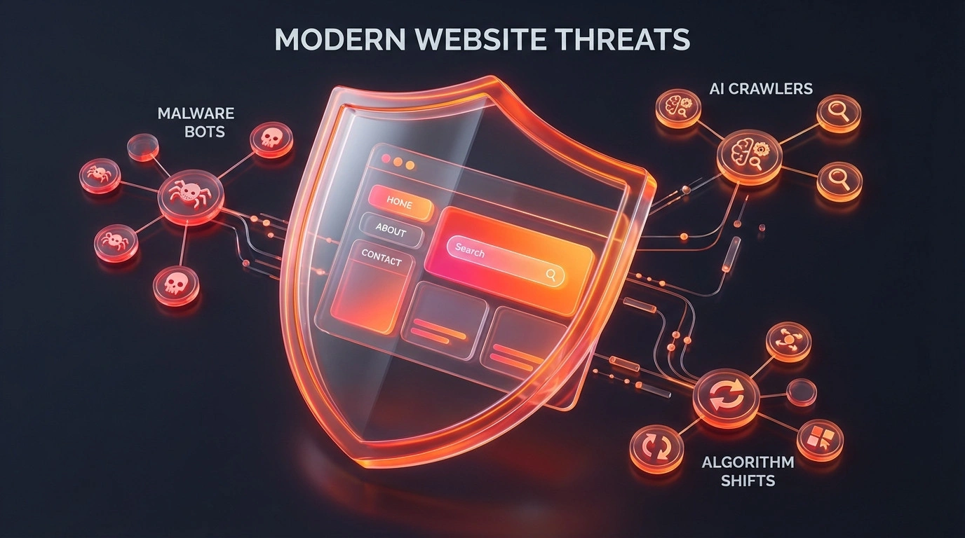 Conceptual infographic showing a central glowing website shielded from incoming malware bots, algorithm updates, and AI data crawlers.