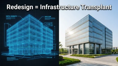 Split view showing a digital architectural blueprint transforming into a completed modern office building