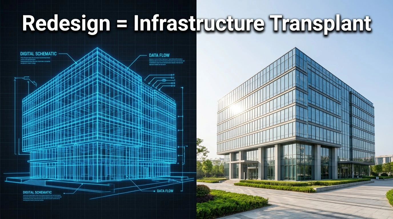 Split view showing a digital architectural blueprint transforming into a completed modern office building