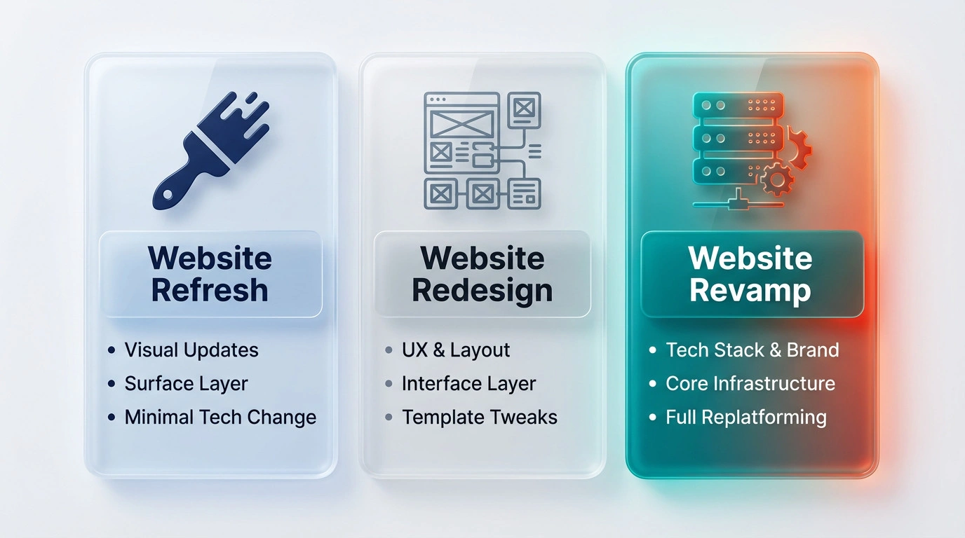 Comparison chart showing differences between Website Refresh, Website Redesign, and Website Revamp across focus, depth, and impact
