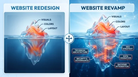 Iceberg comparison showing website redesign as surface level and website revamp as deep infrastructure