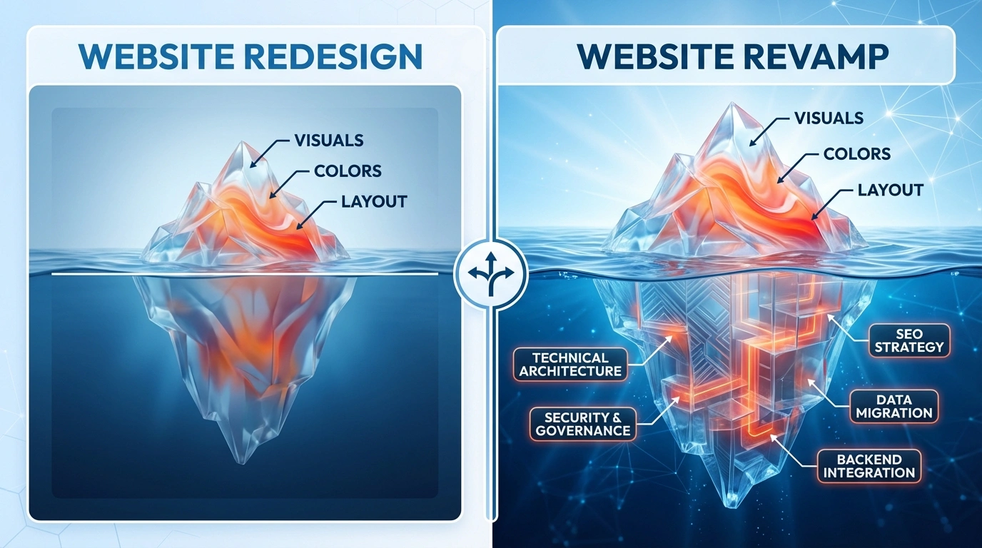 Iceberg comparison showing website redesign as surface level and website revamp as deep infrastructure
