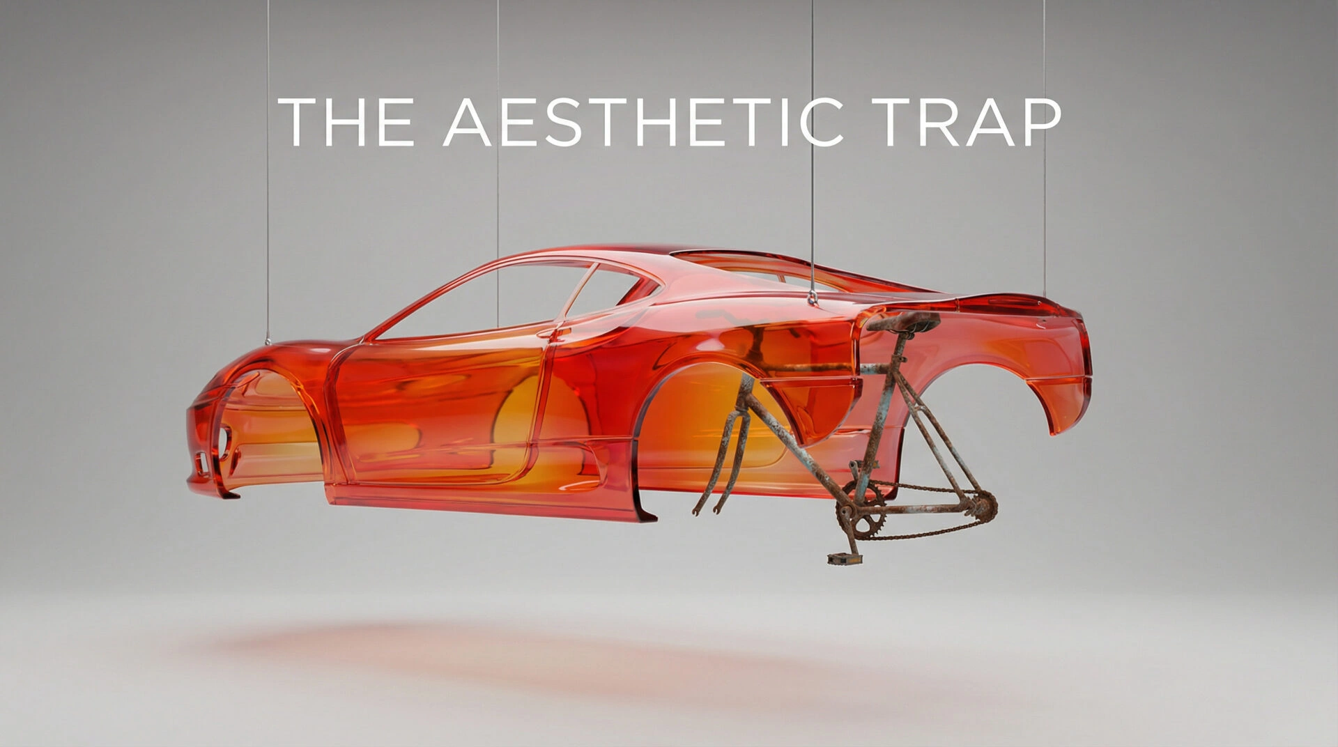 A red sports car chassis revealing bicycle pedals underneath instead of an engine