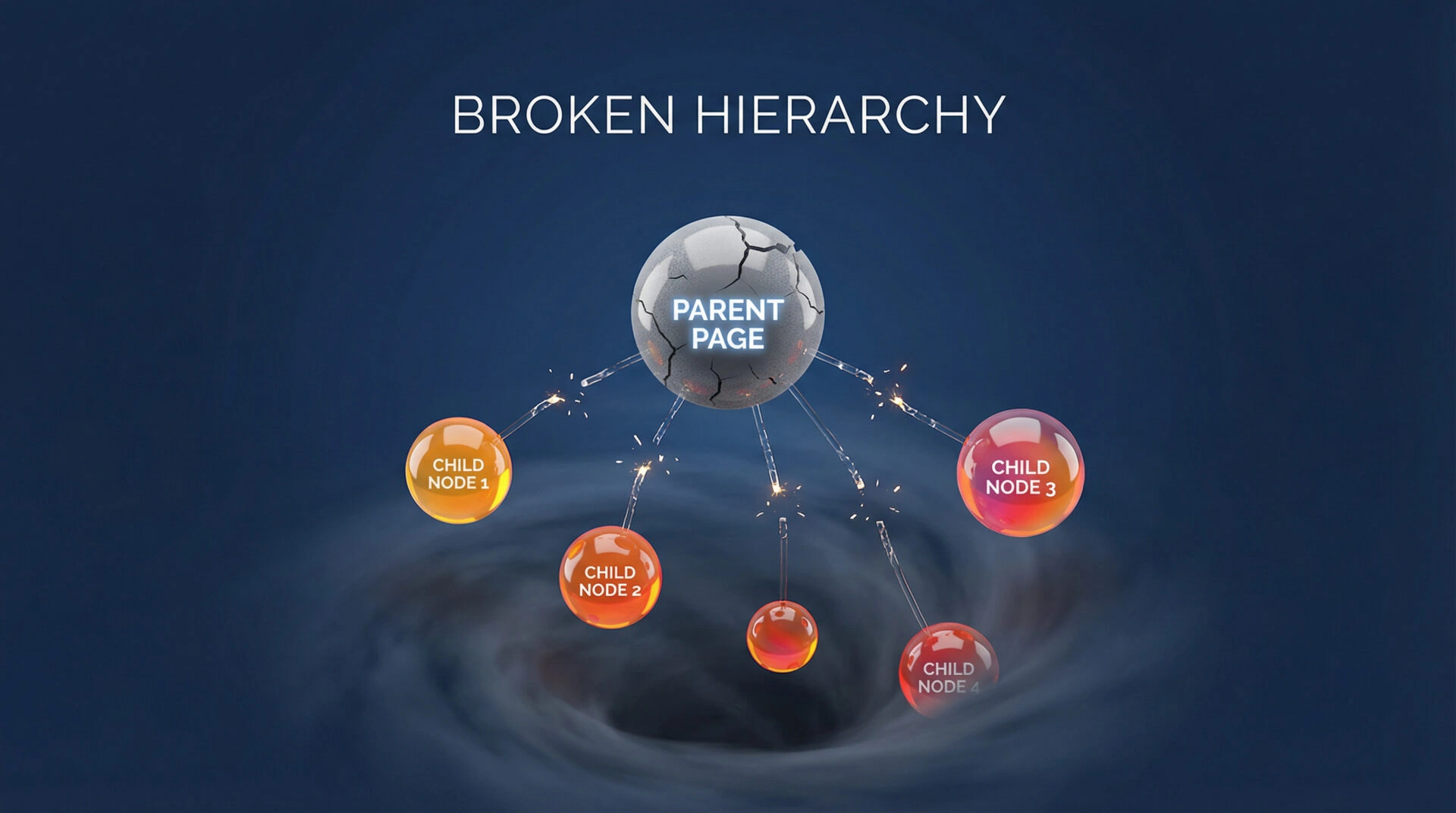 Website hierarchy diagram showing a broken parent node causing child nodes to fall