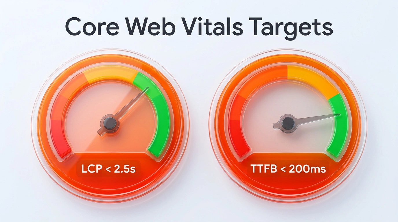 Dashboard showing target speed metrics including LCP under two point five seconds and TTFB under two hundred milliseconds.