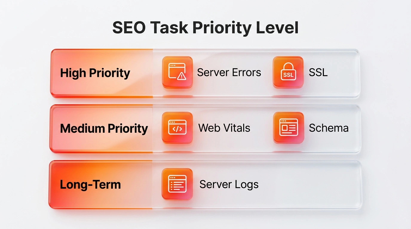 Priority table outlining high, medium, and long term technical website optimization tasks.
