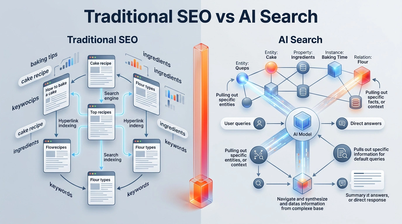 Comparison graphic showing the shift from traditional keyword search to artificial intelligence database extraction.