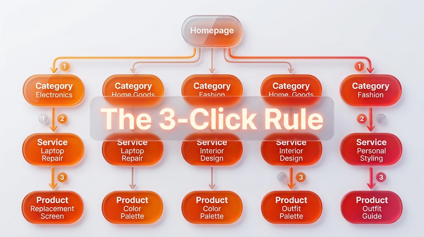 Hierarchical site map diagram illustrating the three click rule for website architecture.