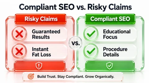 Split screen comparison showing non-compliant aesthetic marketing claims versus compliant educational content.