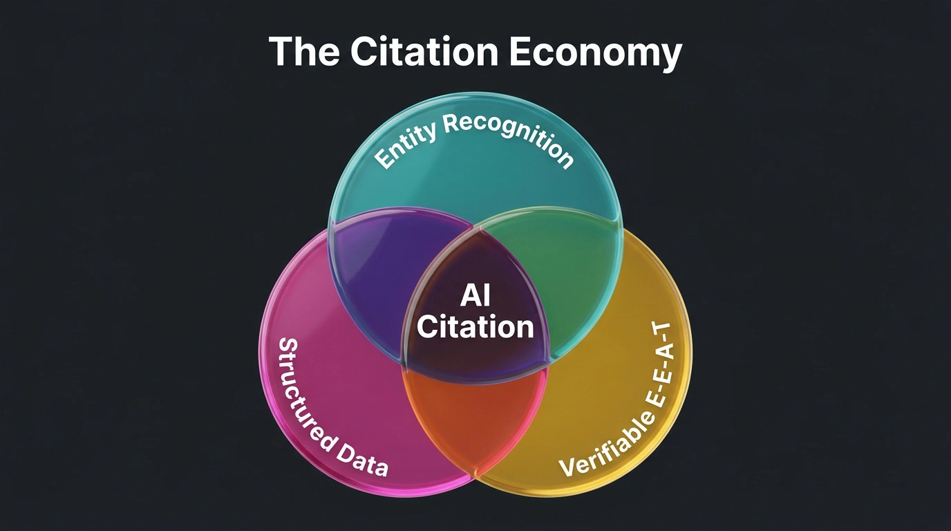 Venn diagram showing the three requirements for AI citation: authoritative entity recognition, structured data integrity, and verifiable expertise signals.