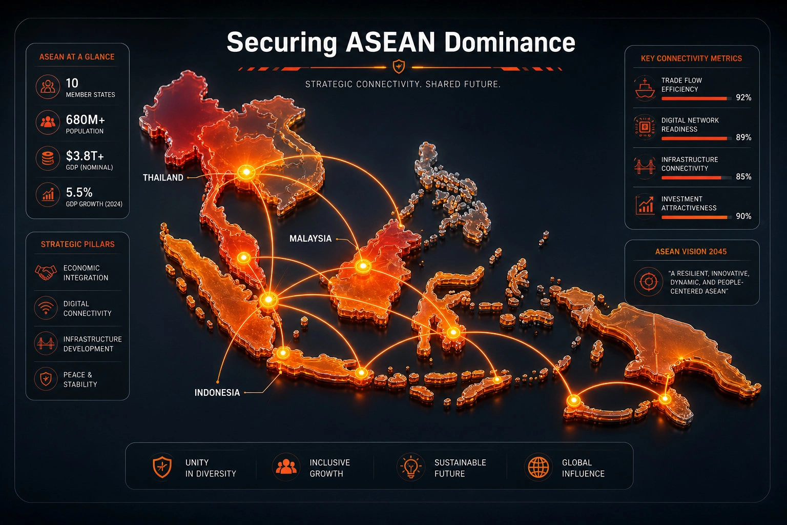 Map of Southeast Asia with glowing data nodes illustrating regional market share capture and algorithmic dominance