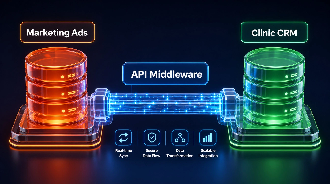 A diagram showing marketing ad data on one side and clinic CRM data on the other, successfully connected by an API middleware bridge.