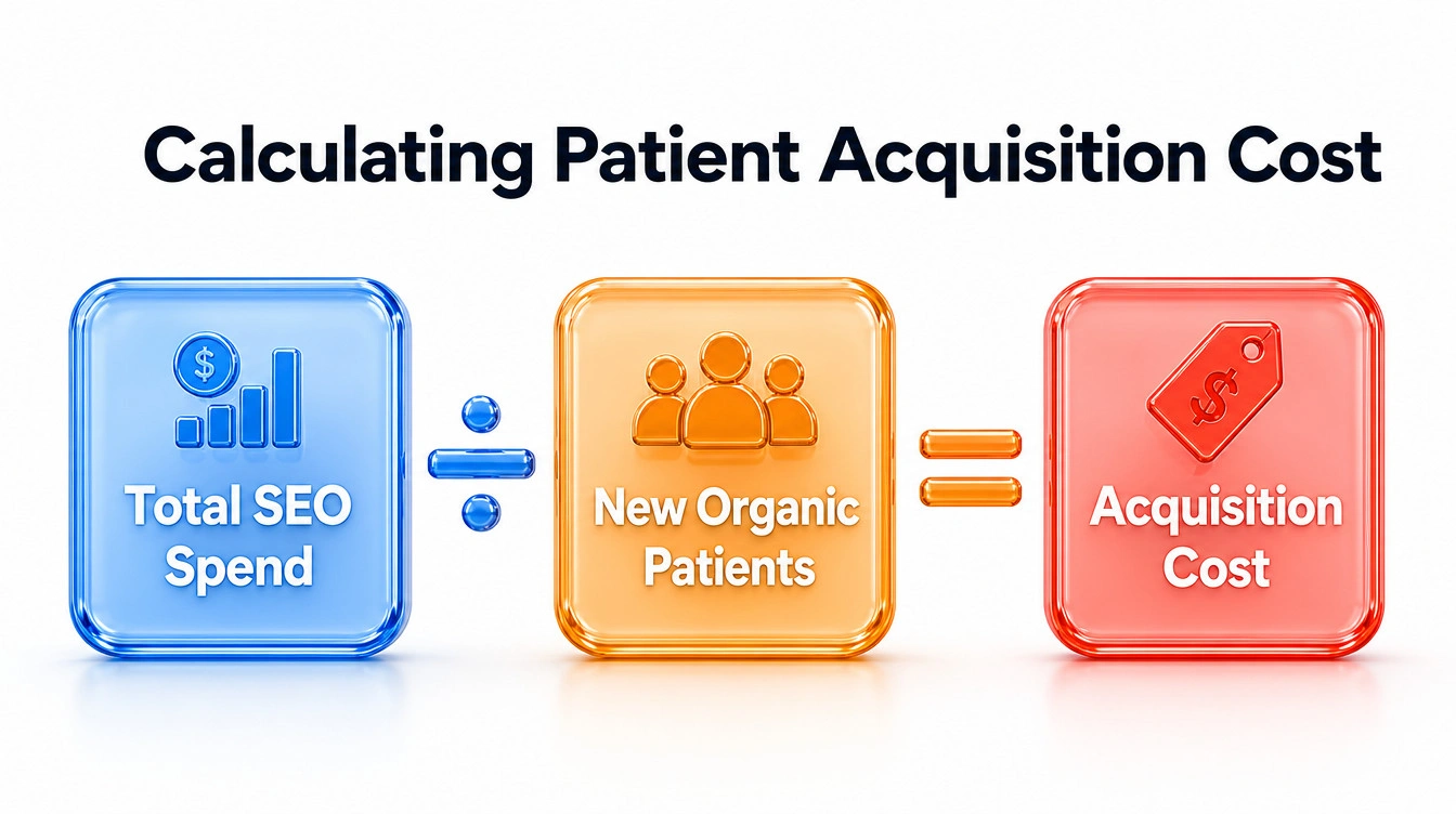 Formula infographic displaying how to calculate organic patient acquisition cost for a medical practice.