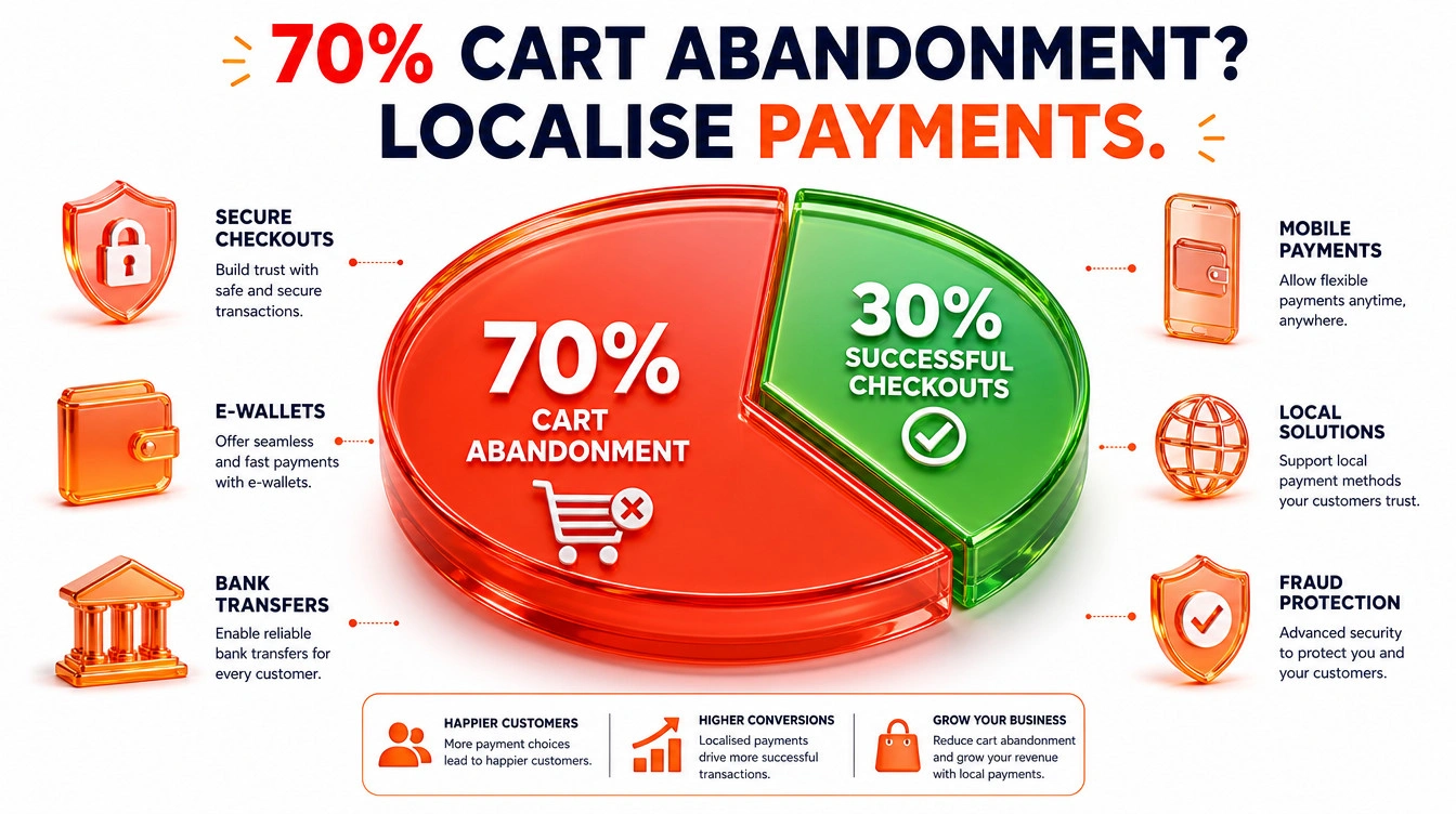 Pie chart highlighting the 70 percent average cart abandonment rate and the solution of localised payment gateways.