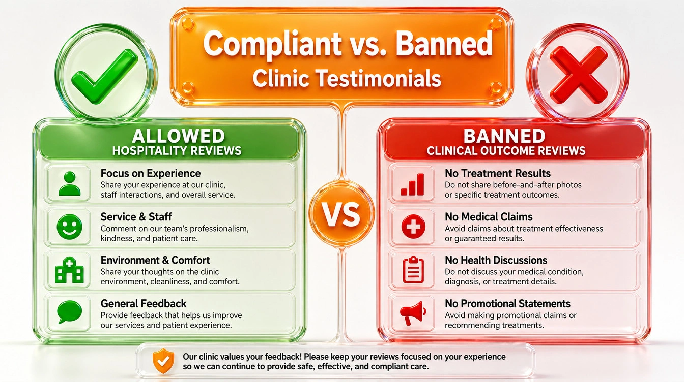 Split infographic comparing legal hospitality reviews against illegal clinical outcome testimonials for Malaysian clinics.
