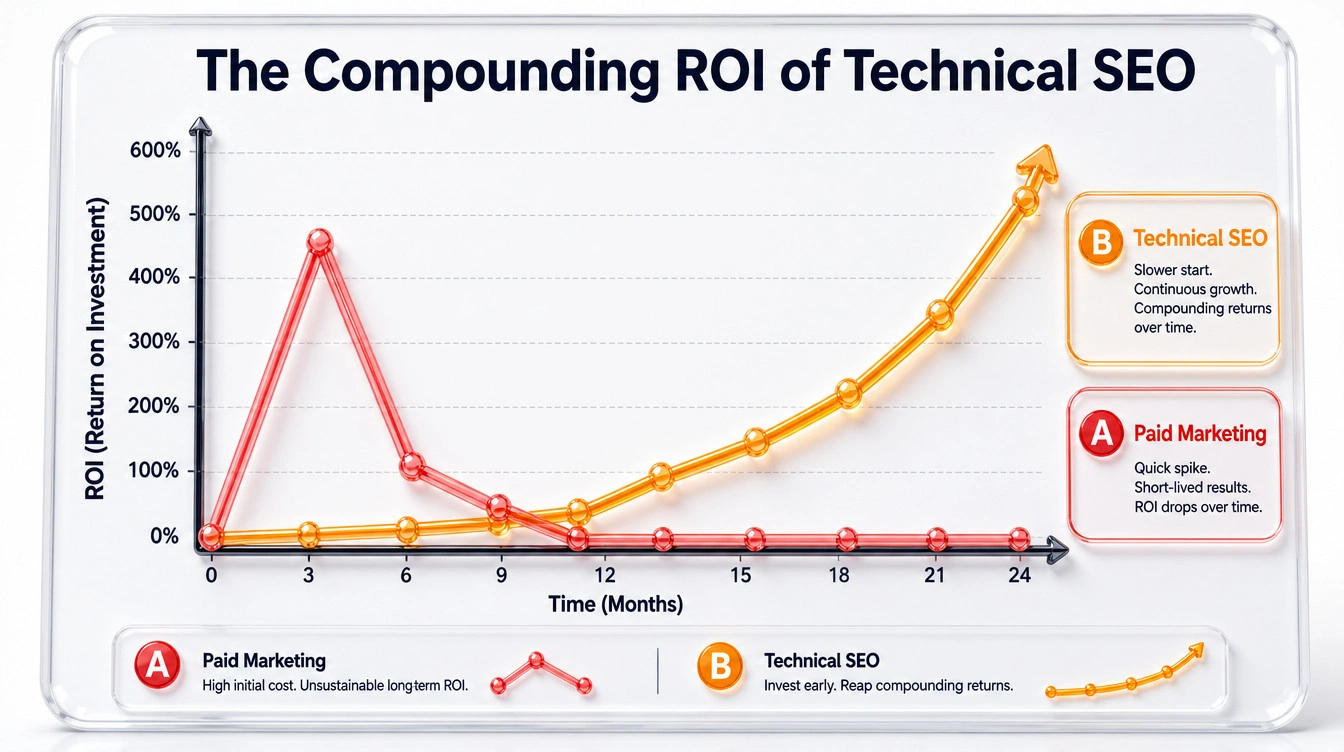Line graph demonstrating the compounding long-term returns of technical SEO versus temporary marketing spikes