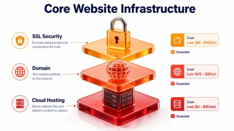 Layered diagram showing the foundational elements of website infrastructure including domain, cloud hosting, and SSL certificates.