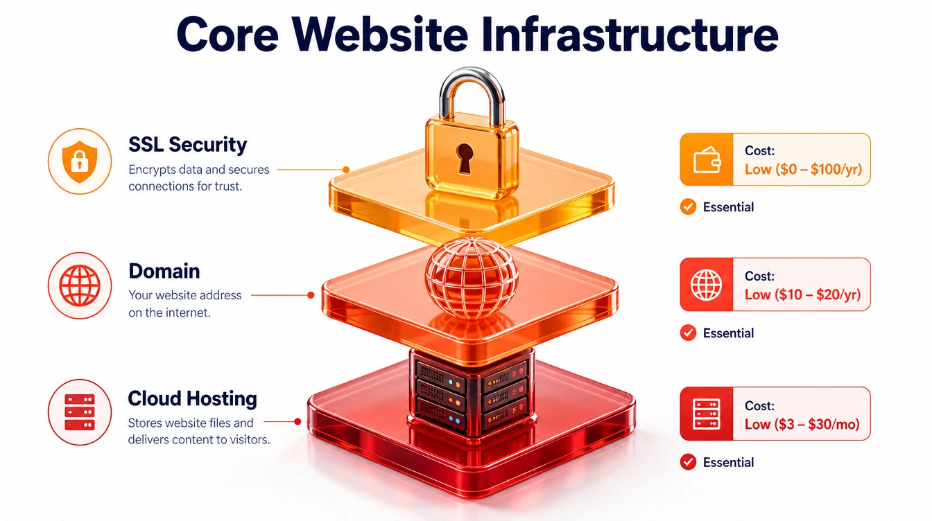 Layered diagram showing the foundational elements of website infrastructure including domain, cloud hosting, and SSL certificates.
