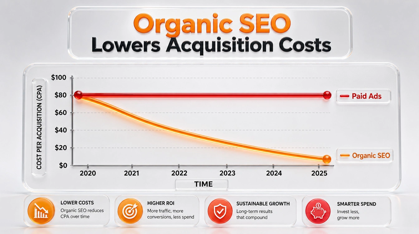 Graph showing the compounding value of organic search lowering acquisition costs over time compared to flat paid advertising costs