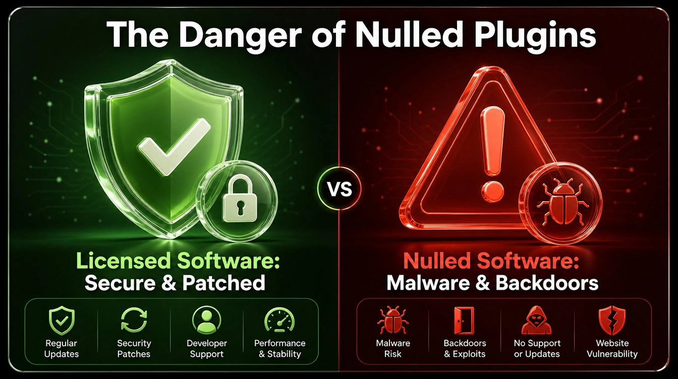 Infographic warning about the security risks and hidden malware embedded in nulled website plugins.