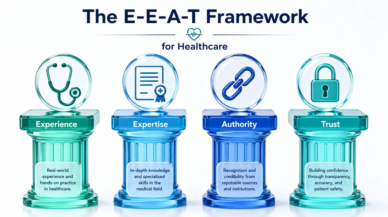 Diagram illustrating the Experience, Expertise, Authoritativeness, and Trustworthiness framework for medical websites.