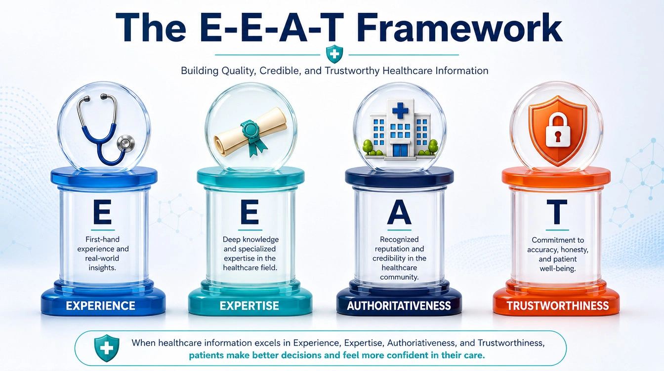Four pillars of E-E-A-T including Experience, Expertise, Authoritativeness, and Trustworthiness for healthcare websites.