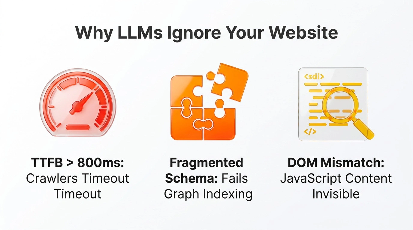 Three-part infographic outlining high latency, schema fragmentation, and content mismatch as the main technical failures for enterprise websites.