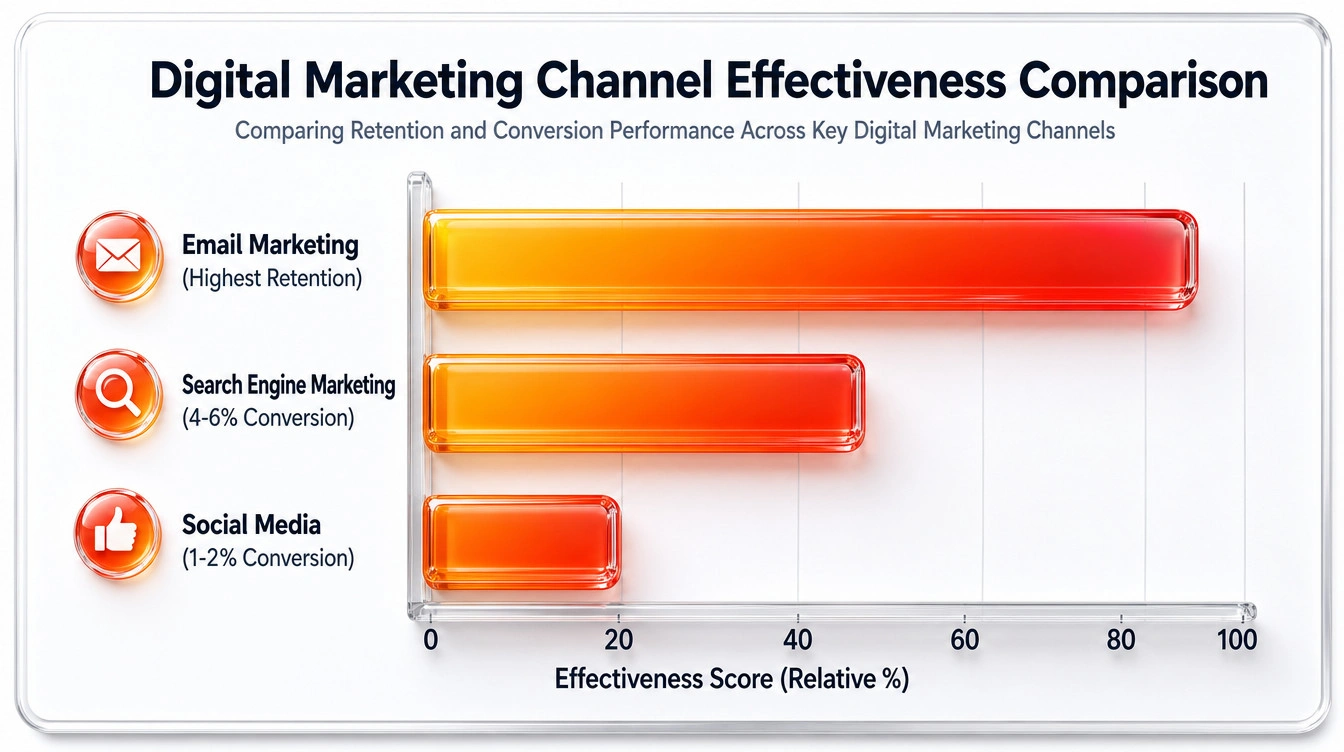 A horizontal bar chart displaying the conversion rates and returns for Search Engine Marketing, Social Media, and Email Marketing in healthcare.