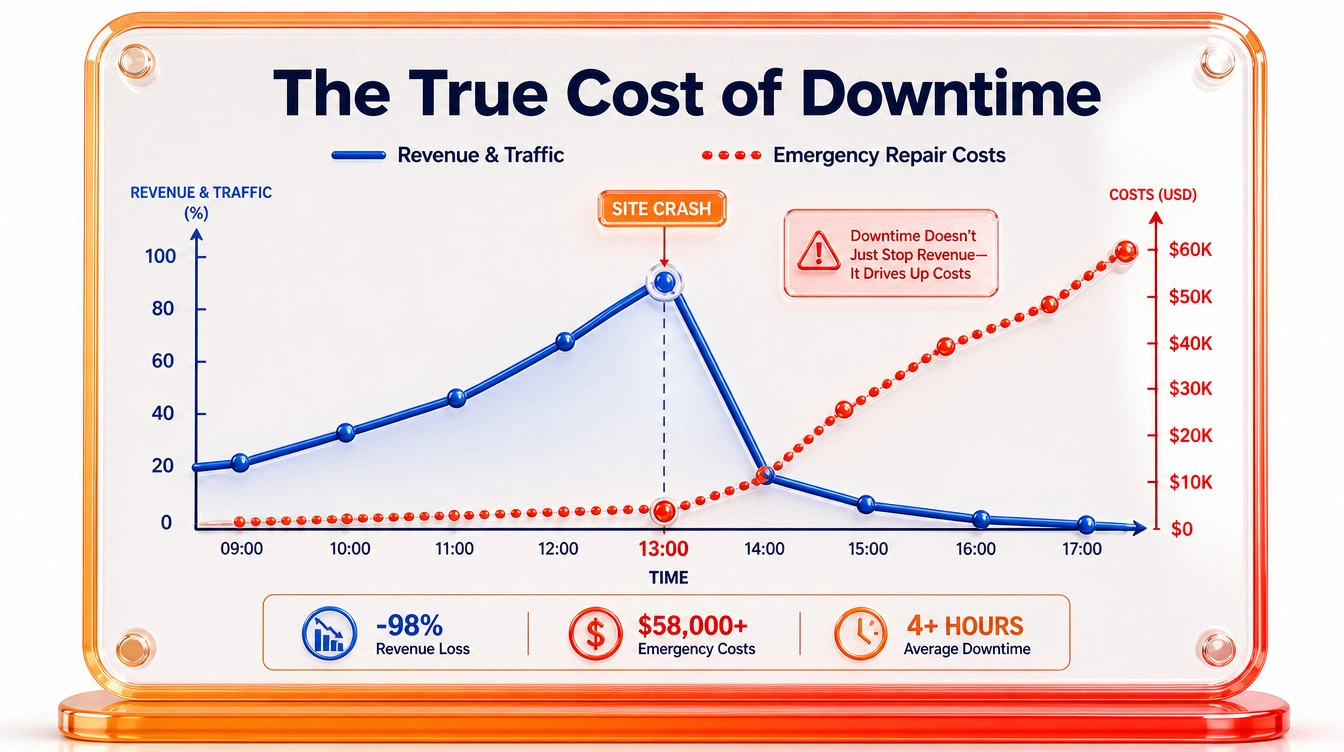 Financial line graph illustrating the sudden drop in revenue and spikes in emergency repair costs associated with website downtime.