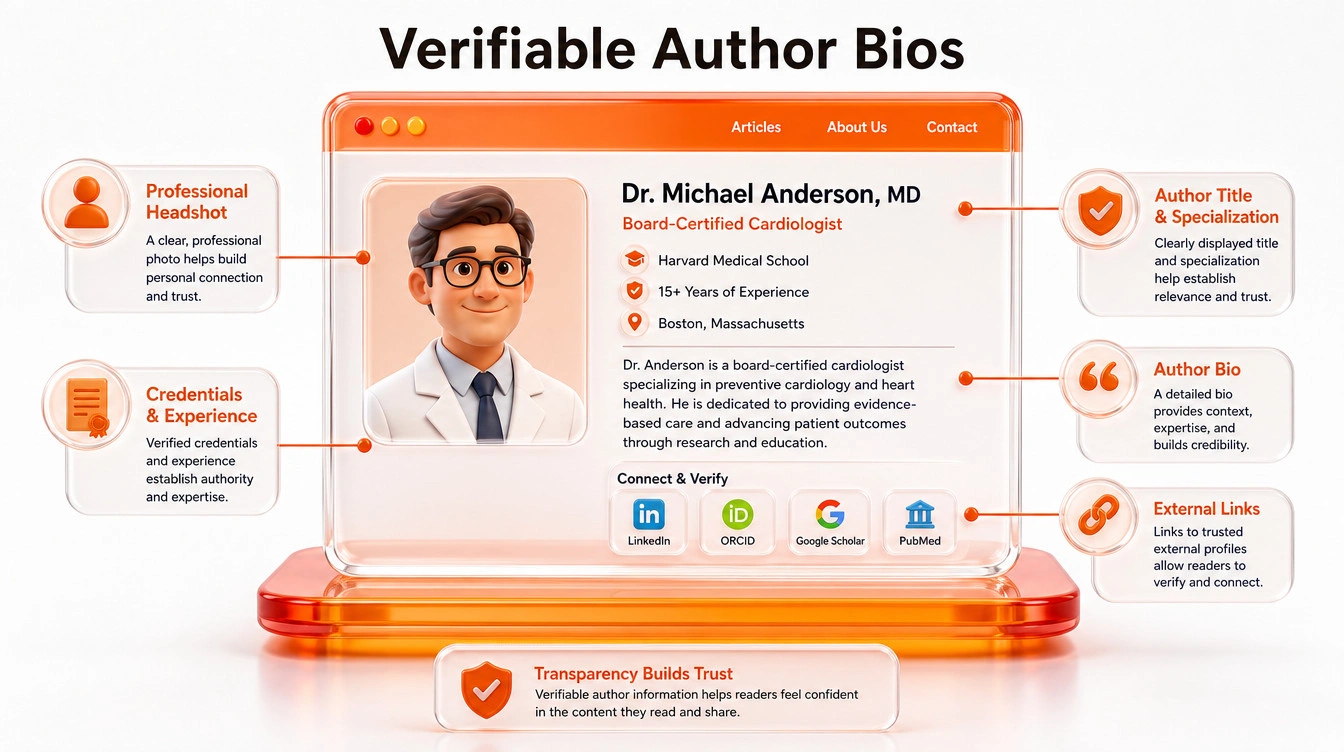 Layout of a verified doctor biography showing headshot, credentials, experience, and medical registry links.