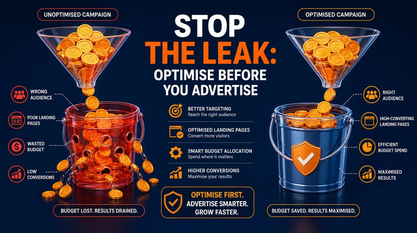Infographic illustrating digital ad spend pouring into a leaky bucket, representing a website with poor conversion rates.