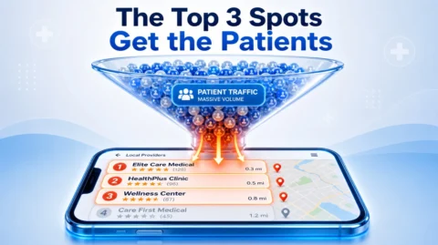 Infographic showing patient traffic funneling directly into the top three local search results on a smartphone.