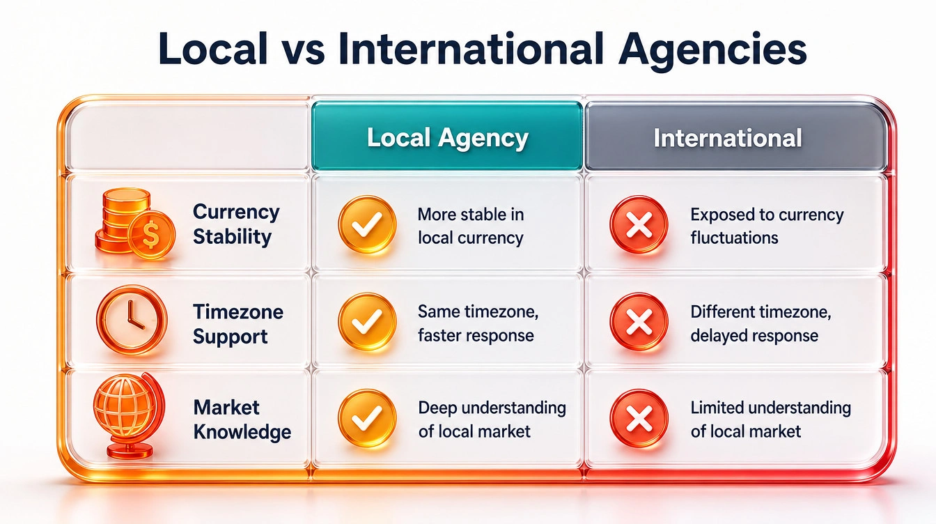 Comparison table contrasting local Malaysian maintenance agencies with international providers regarding pricing and response times.