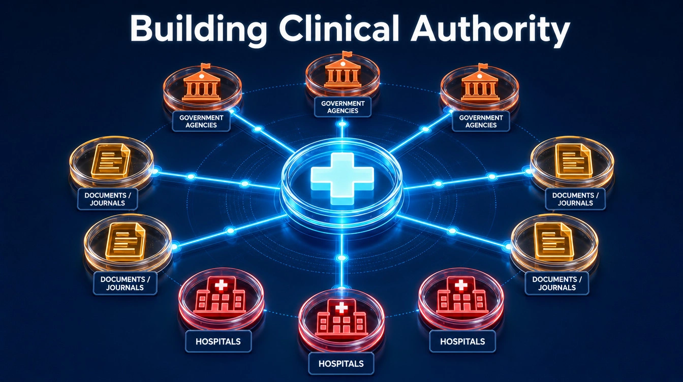 Network graph illustrating a doctor connecting to medical registries, scholarly journals, and hospitals to build a digital knowledge graph.