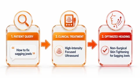 Diagram illustrating the conversion of patient symptom search queries into compliant medical heading structures.