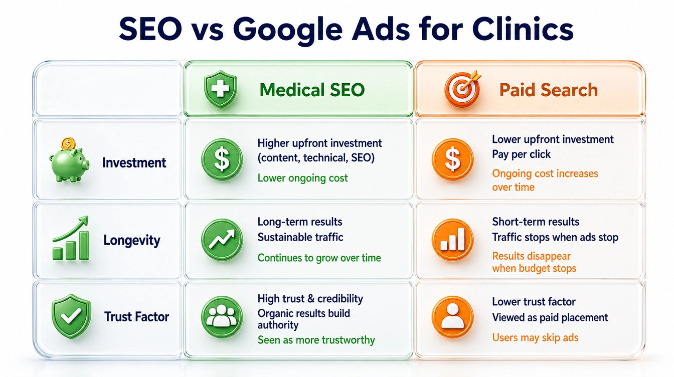 Comparison table contrasting Medical SEO investment and longevity against Paid Search Ads.