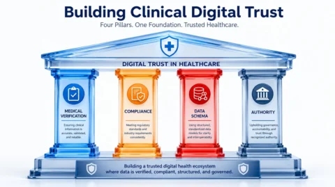 Infographic detailing the core pillars of clinical digital trust including KKLIU compliance and verified credentials