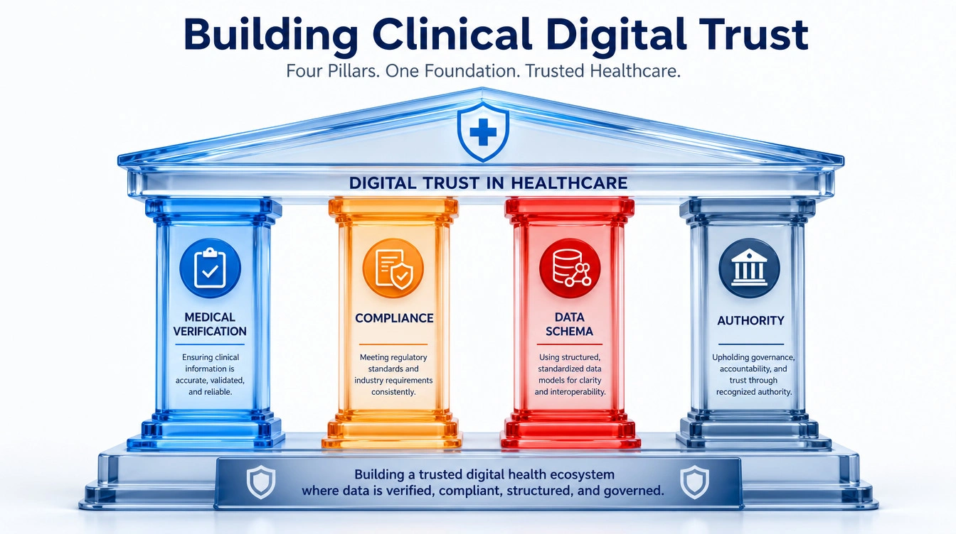 Infographic detailing the core pillars of clinical digital trust including KKLIU compliance and verified credentials